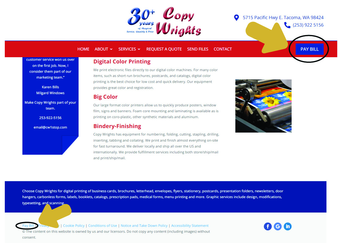 Copy Wrights Printing & Mailing Website screenshot with arrows pointing to two online payment links that are circled in the header and footer.