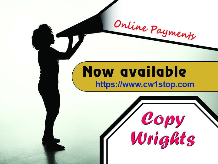 A silhouette of a woman holding a megaphone with the words "Online payments now available on Copy Wright Printing & Mailing's website, cw1stop.com"